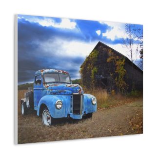 Old Blue Rusty Truck In Meadow By Wooden Barn_CANVAS