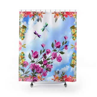 Flowers and Dragonflies Blue Shower Curtain